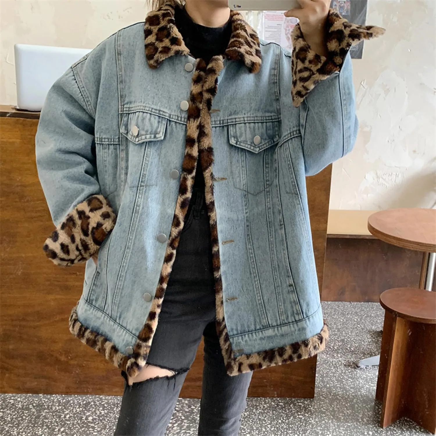 Women's Reversible Sherpa Jean Jacket Leopard Print Oversized Warm Fuzzy Fleece Jackets Outerwear