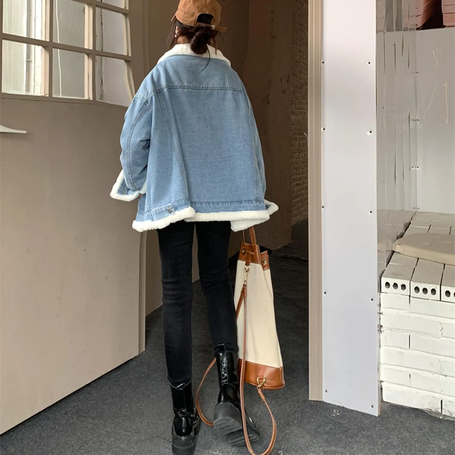 Women's Reversible Sherpa Jean Jacket Leopard Print Oversized Warm Fuzzy Fleece Jackets Outerwear