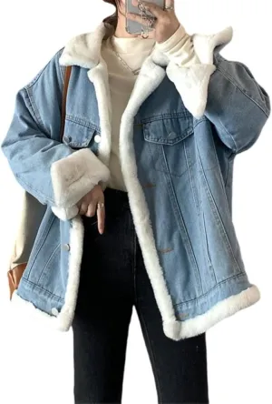 Women's Reversible Sherpa Jean Jacket Leopard Print Oversized Warm Fuzzy Fleece Jackets Outerwear