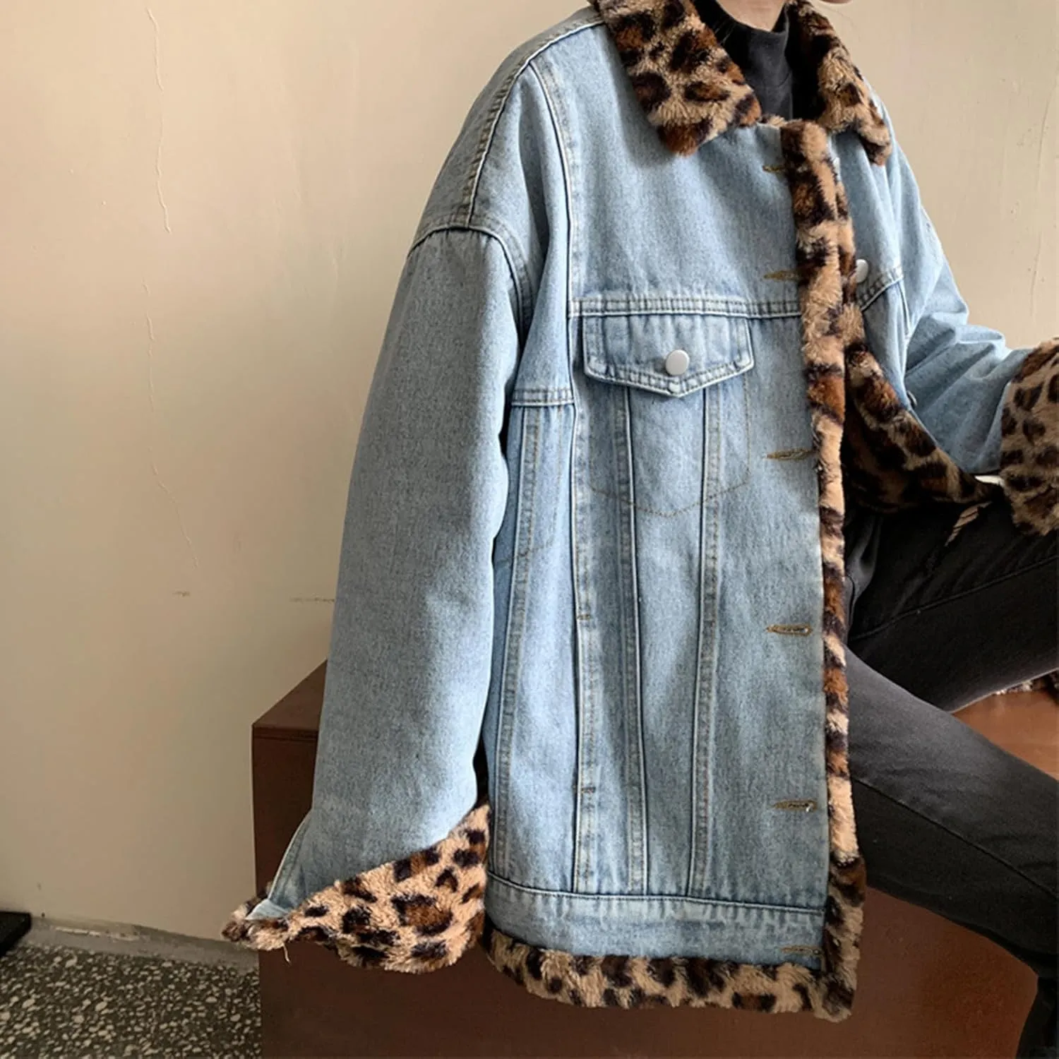 Women's Reversible Sherpa Jean Jacket Leopard Print Oversized Warm Fuzzy Fleece Jackets Outerwear