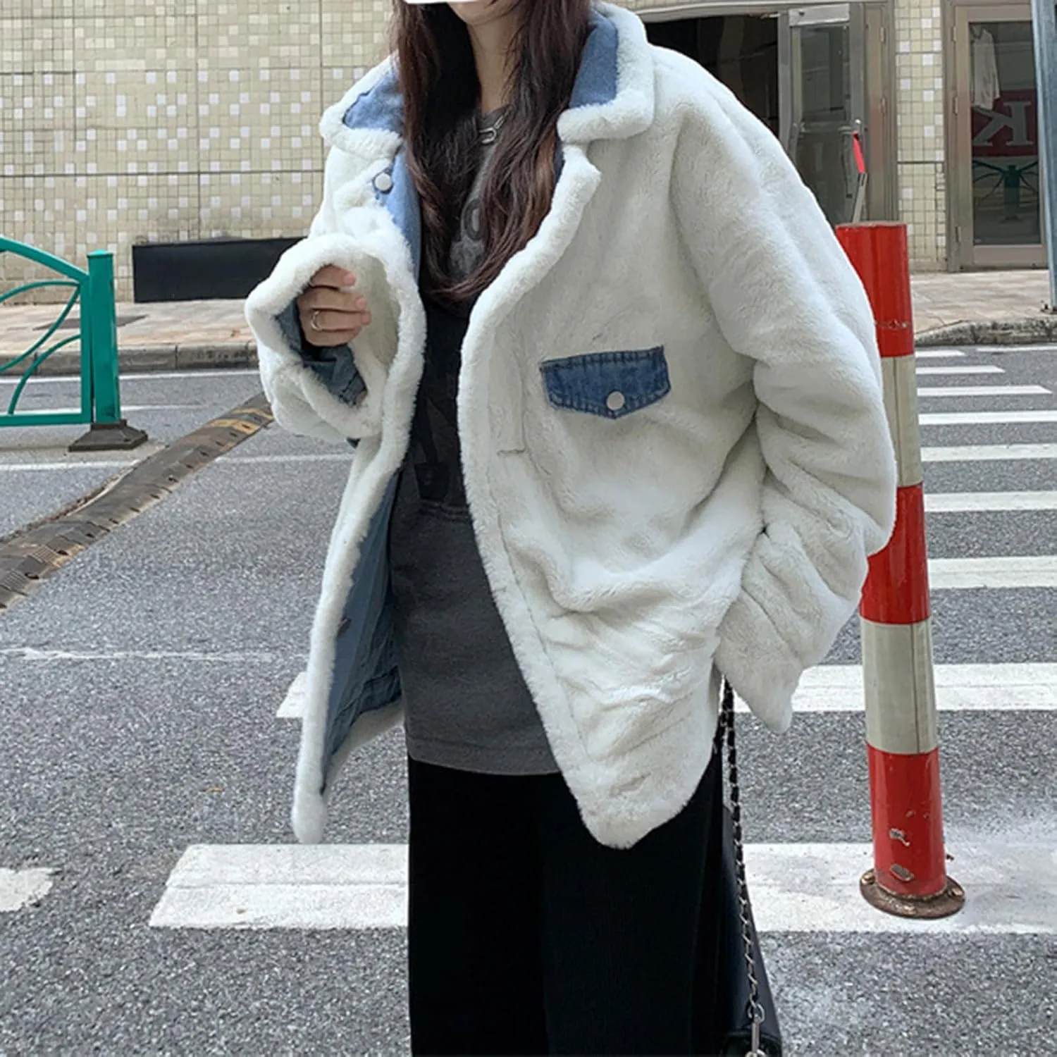 Women's Reversible Sherpa Jean Jacket Leopard Print Oversized Warm Fuzzy Fleece Jackets Outerwear