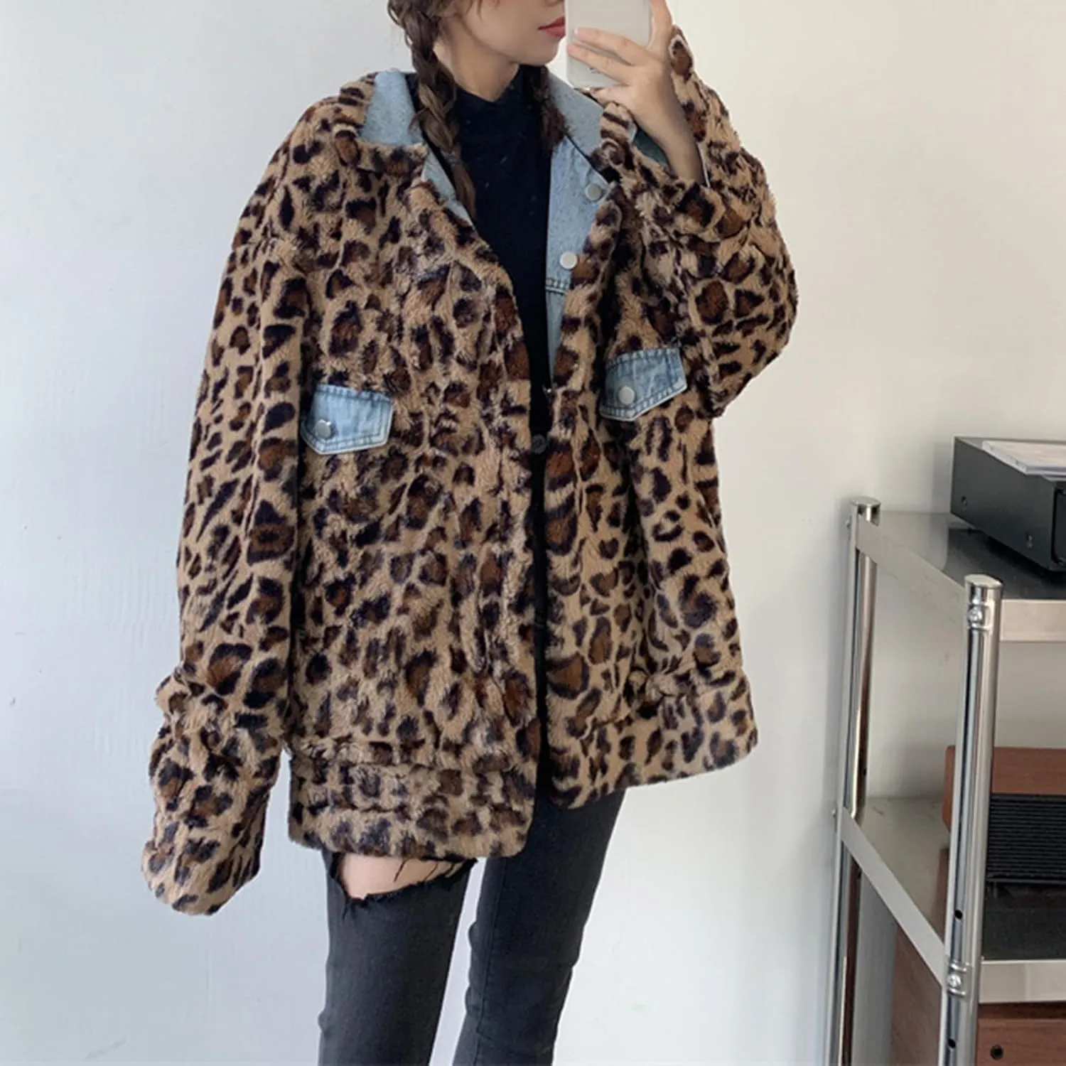 Women's Reversible Sherpa Jean Jacket Leopard Print Oversized Warm Fuzzy Fleece Jackets Outerwear