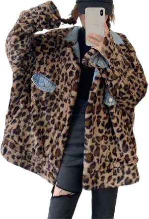 Women's Reversible Sherpa Jean Jacket Leopard Print Oversized Warm Fuzzy Fleece Jackets Outerwear