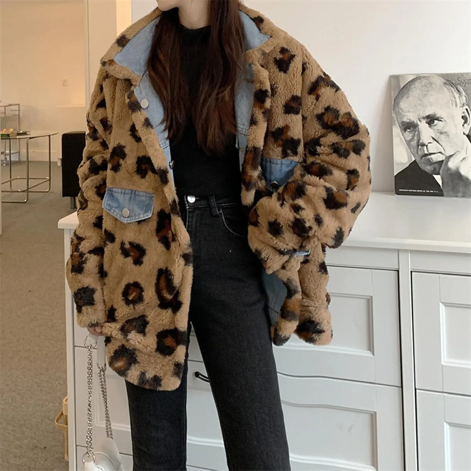 Women's Reversible Sherpa Jean Jacket Leopard Print Oversized Warm Fuzzy Fleece Jackets Outerwear