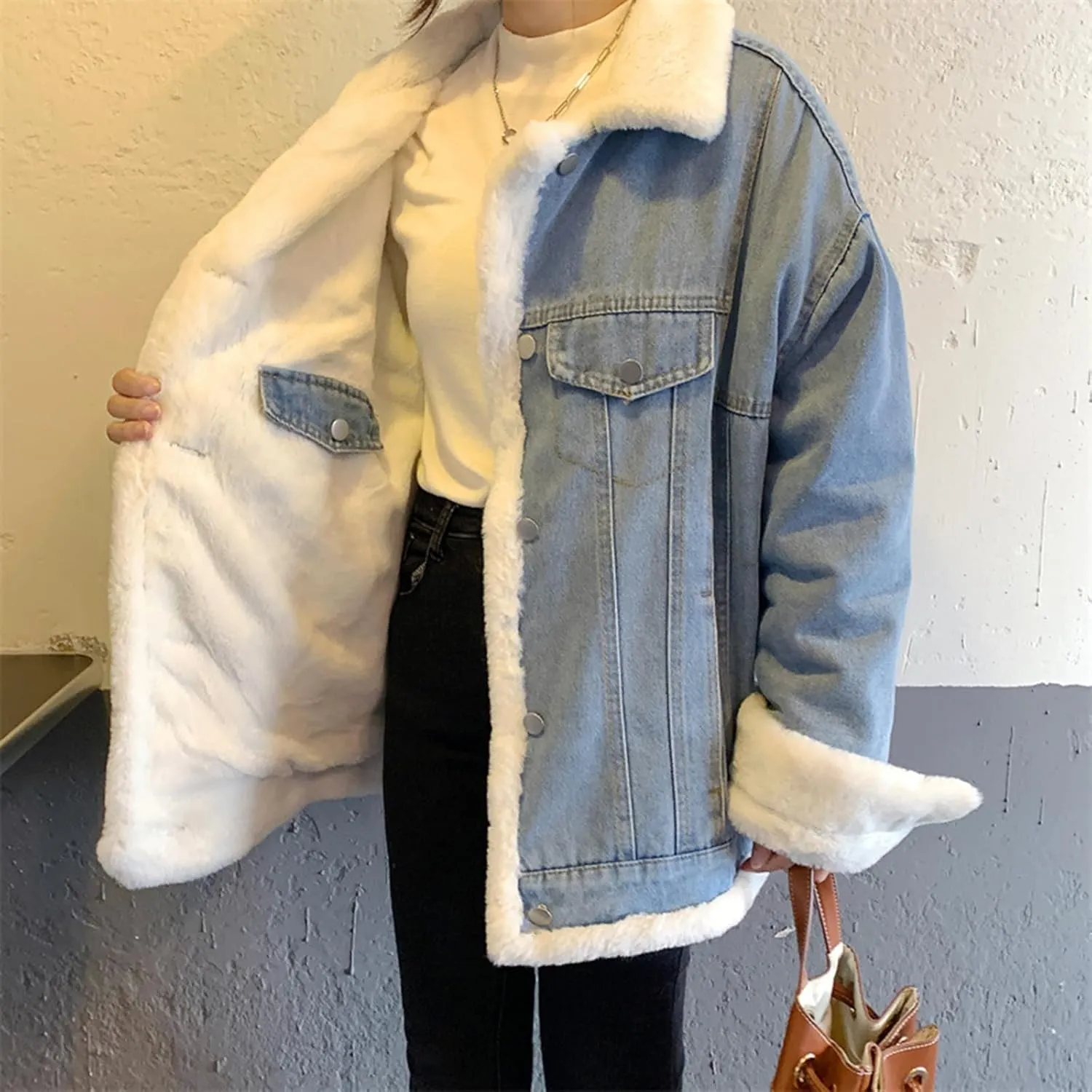 Women's Reversible Sherpa Jean Jacket Leopard Print Oversized Warm Fuzzy Fleece Jackets Outerwear