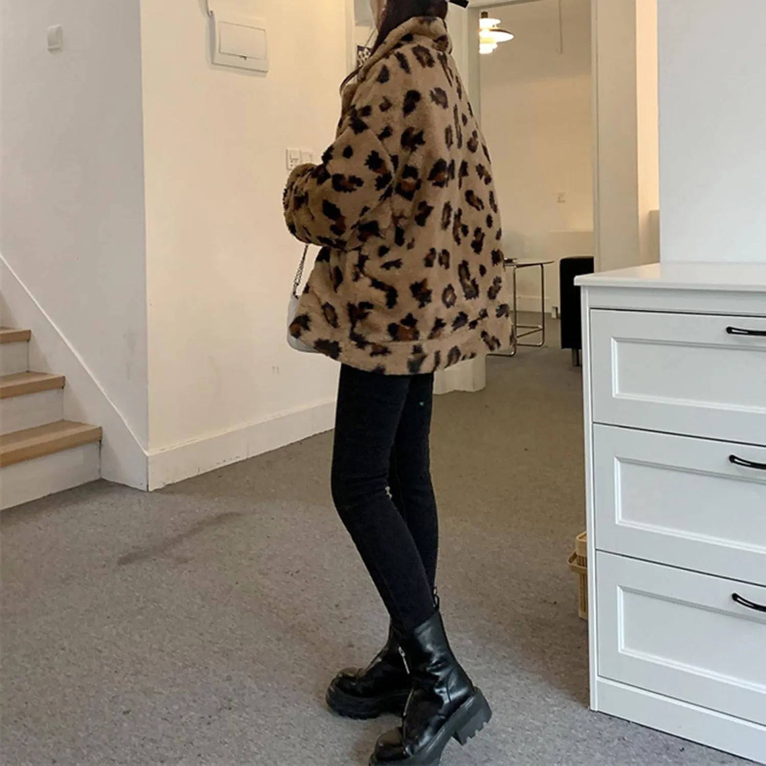 Women's Reversible Sherpa Jean Jacket Leopard Print Oversized Warm Fuzzy Fleece Jackets Outerwear