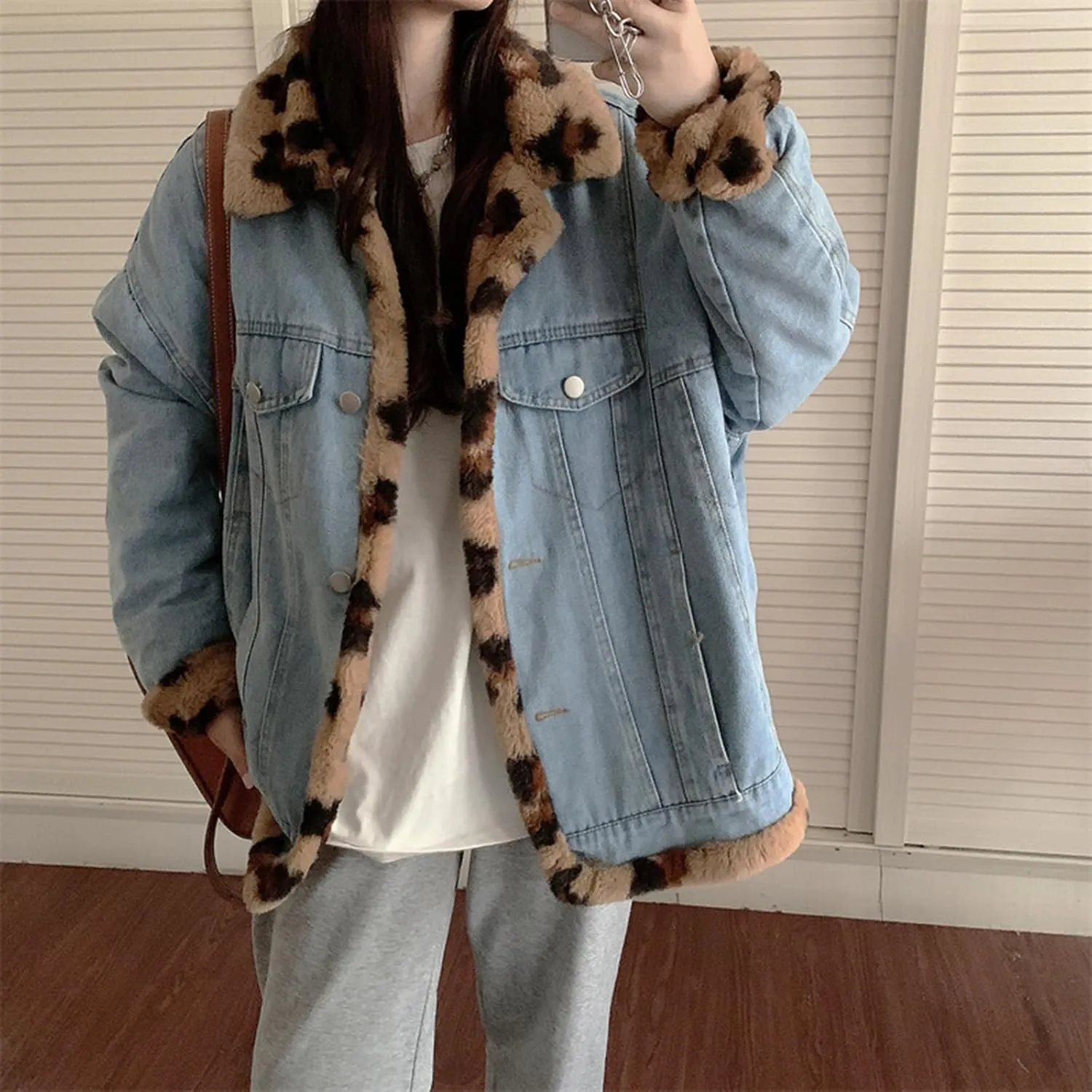 Women's Reversible Sherpa Jean Jacket Leopard Print Oversized Warm Fuzzy Fleece Jackets Outerwear