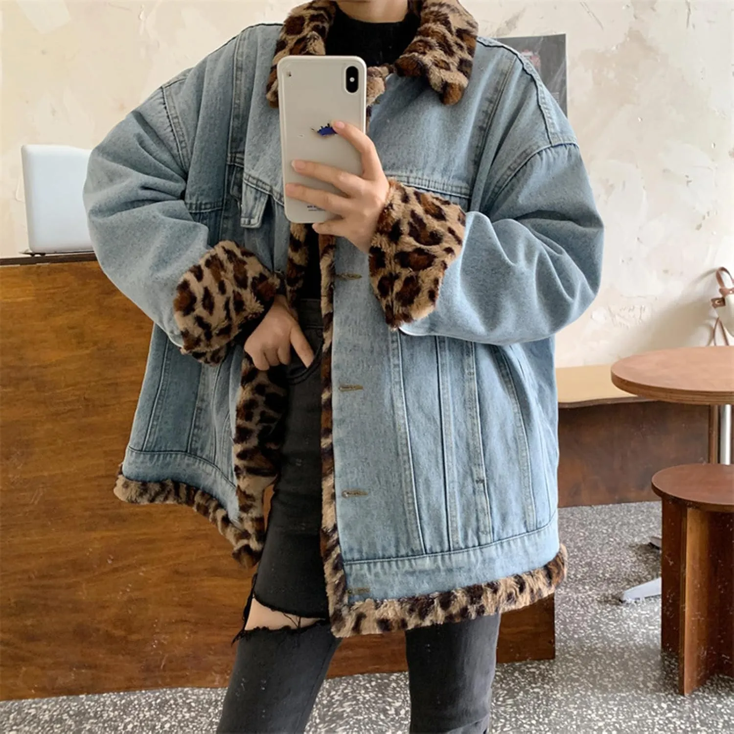 Women's Reversible Sherpa Jean Jacket Leopard Print Oversized Warm Fuzzy Fleece Jackets Outerwear