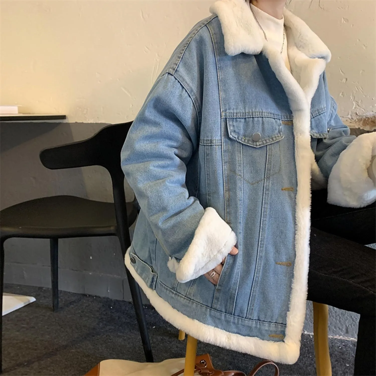 Women's Reversible Sherpa Jean Jacket Leopard Print Oversized Warm Fuzzy Fleece Jackets Outerwear