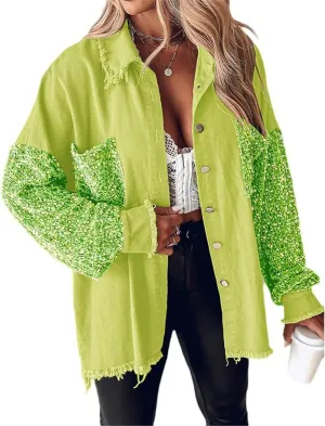 Womens Sequin Patchwork Jackets Oversized Denim Shacket Long Sleeve Button Front Jacket