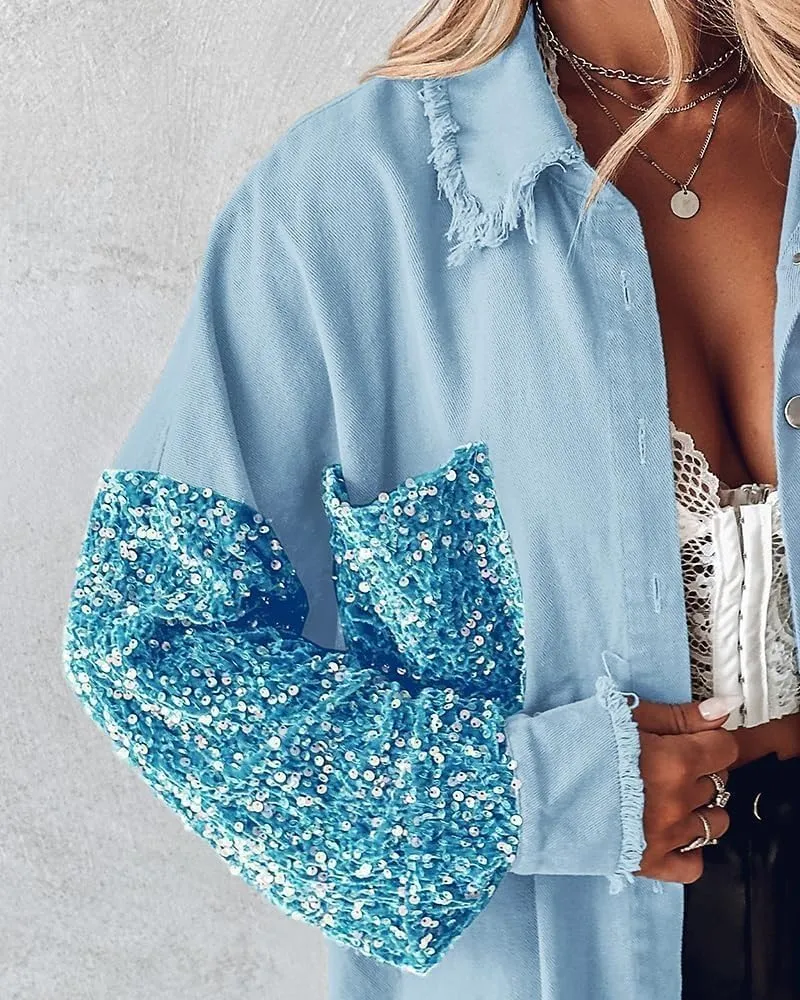 Womens Sequin Patchwork Jackets Oversized Denim Shacket Long Sleeve Button Front Jacket