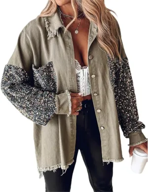 Womens Sequin Patchwork Jackets Oversized Denim Shacket Long Sleeve Button Front Jacket