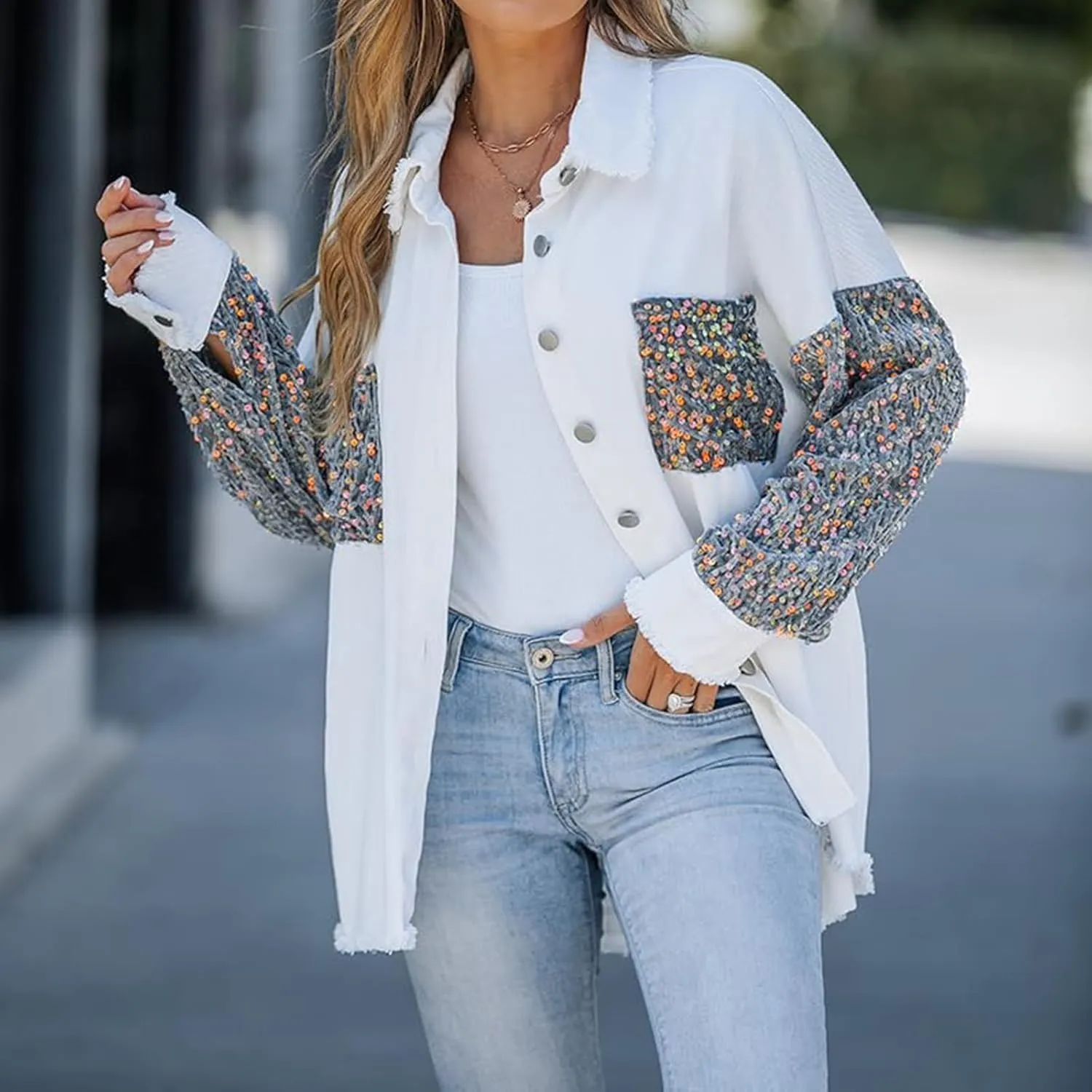 Womens Sequin Patchwork Jackets Oversized Denim Shacket Long Sleeve Button Front Jacket