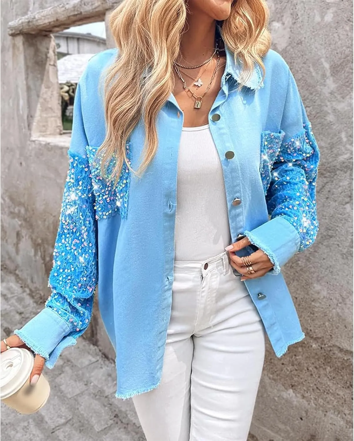 Womens Sequin Patchwork Jackets Oversized Denim Shacket Long Sleeve Button Front Jacket
