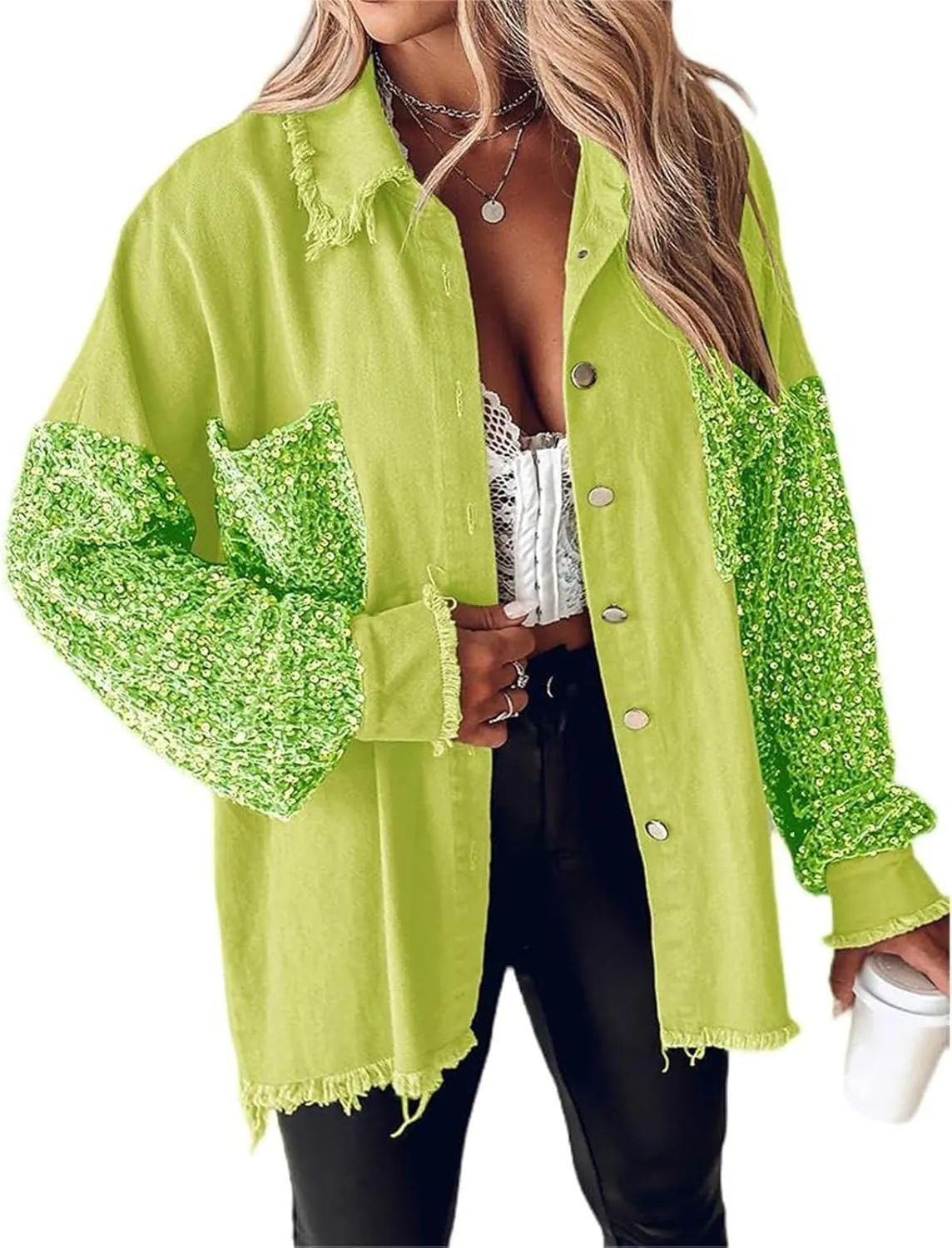 Womens Sequin Patchwork Jackets Oversized Denim Shacket Long Sleeve Button Front Jacket