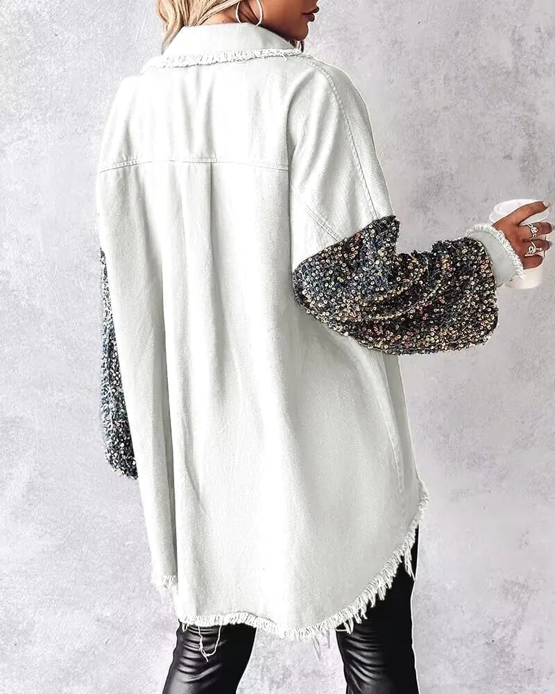 Womens Sequin Patchwork Jackets Oversized Denim Shacket Long Sleeve Button Front Jacket