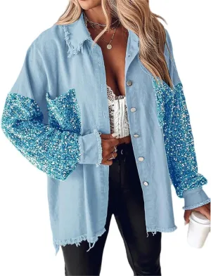 Womens Sequin Patchwork Jackets Oversized Denim Shacket Long Sleeve Button Front Jacket