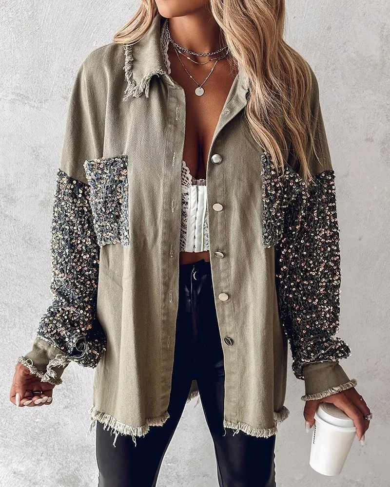 Womens Sequin Patchwork Jackets Oversized Denim Shacket Long Sleeve Button Front Jacket