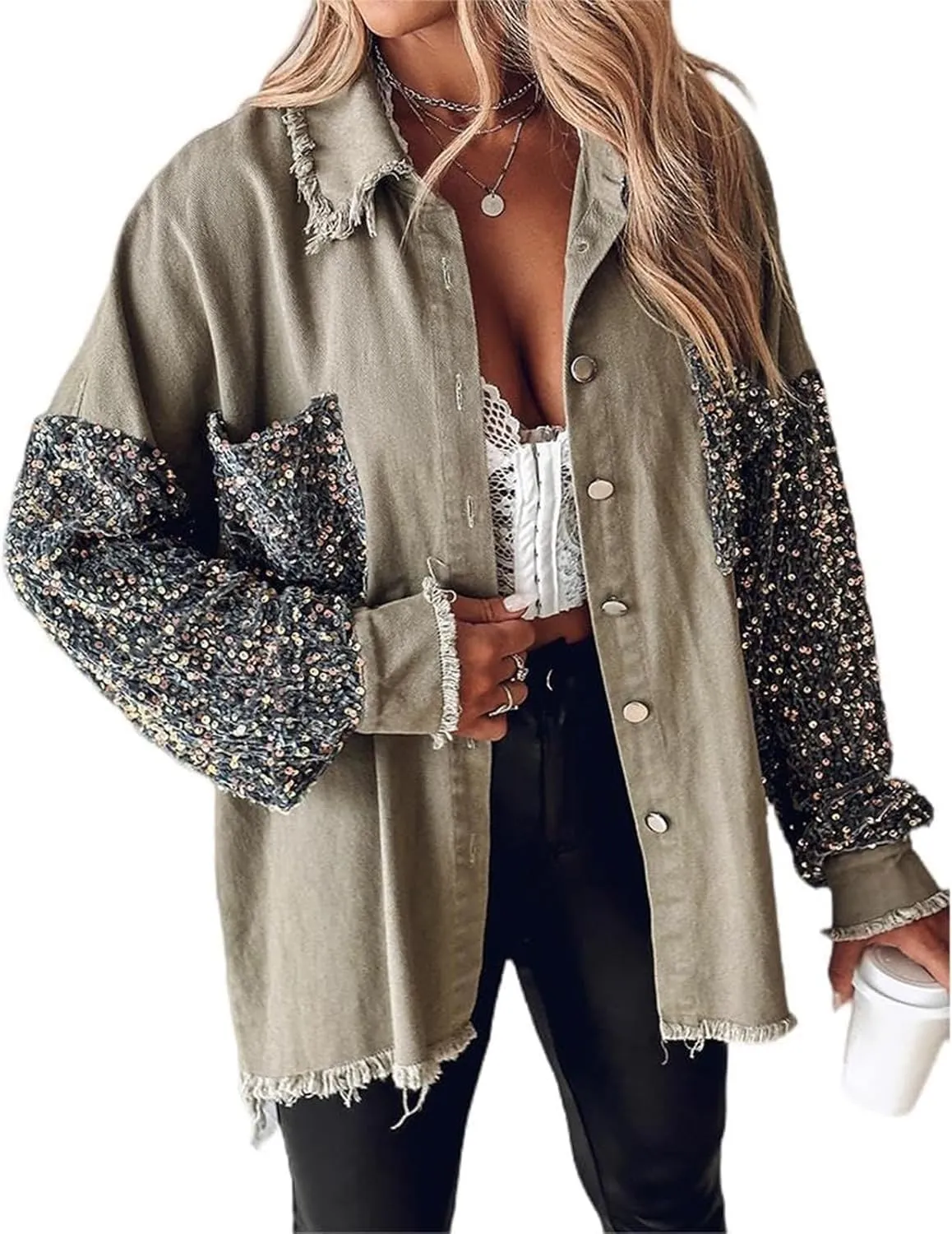 Womens Sequin Patchwork Jackets Oversized Denim Shacket Long Sleeve Button Front Jacket