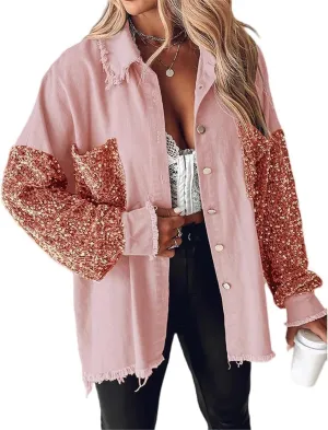 Womens Sequin Patchwork Jackets Oversized Denim Shacket Long Sleeve Button Front Jacket