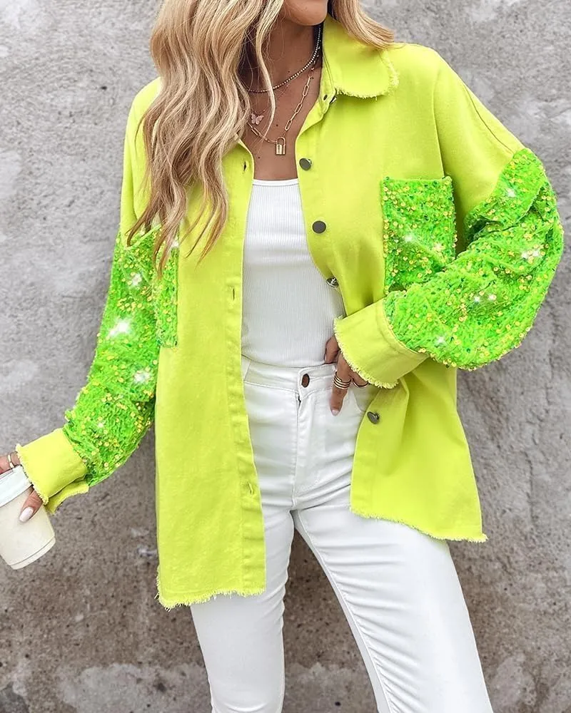 Womens Sequin Patchwork Jackets Oversized Denim Shacket Long Sleeve Button Front Jacket
