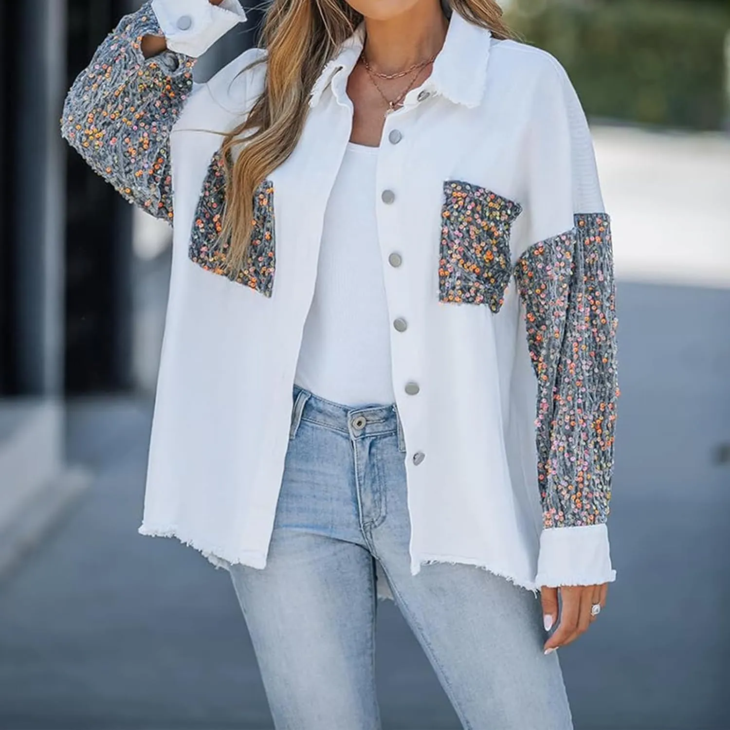 Womens Sequin Patchwork Jackets Oversized Denim Shacket Long Sleeve Button Front Jacket