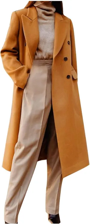Womens Single Breasted Pea Coats Elegant Notched Lapel Collar Work Office Jacket Winter Wool Blend Trench Coat