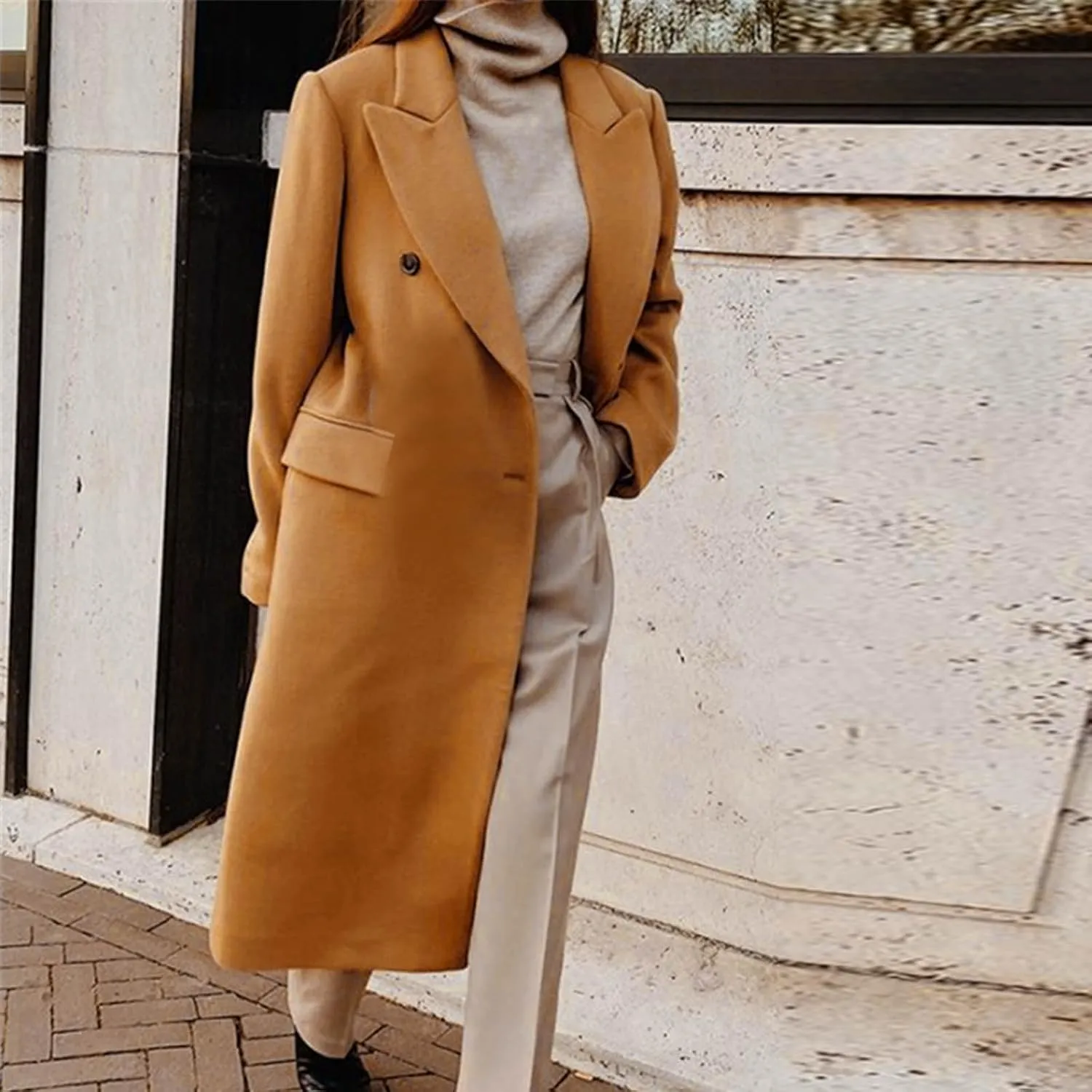 Womens Single Breasted Pea Coats Elegant Notched Lapel Collar Work Office Jacket Winter Wool Blend Trench Coat