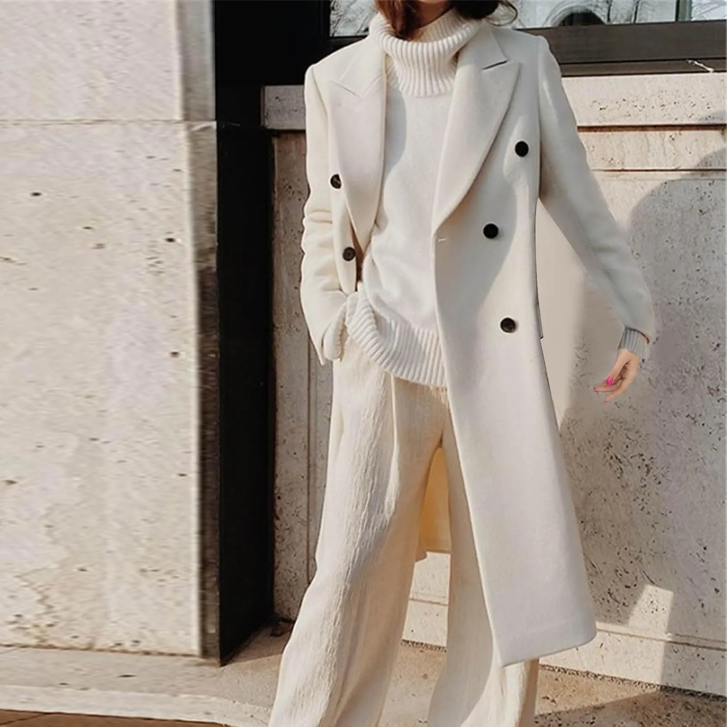 Womens Single Breasted Pea Coats Elegant Notched Lapel Collar Work Office Jacket Winter Wool Blend Trench Coat