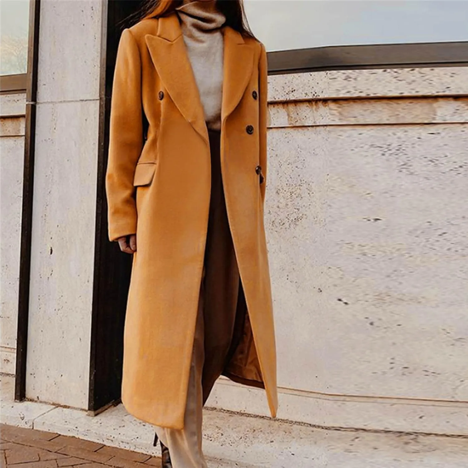 Womens Single Breasted Pea Coats Elegant Notched Lapel Collar Work Office Jacket Winter Wool Blend Trench Coat