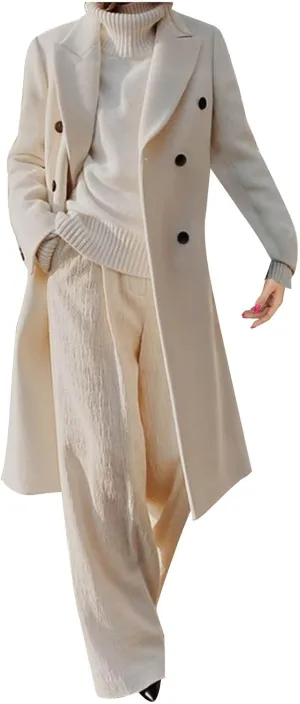 Womens Single Breasted Pea Coats Elegant Notched Lapel Collar Work Office Jacket Winter Wool Blend Trench Coat