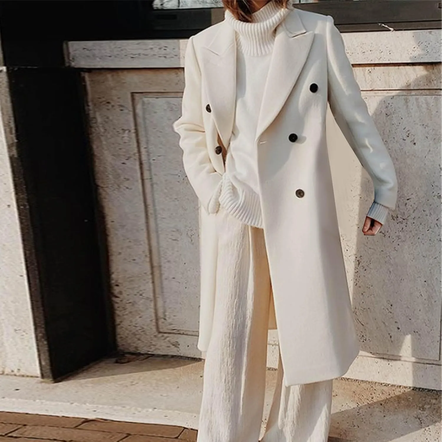 Womens Single Breasted Pea Coats Elegant Notched Lapel Collar Work Office Jacket Winter Wool Blend Trench Coat