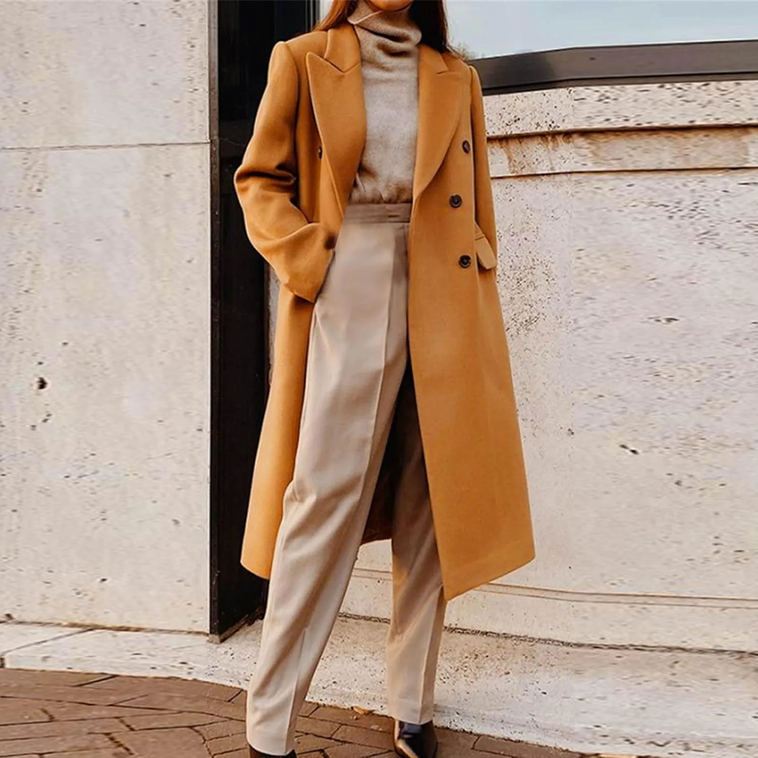 Womens Single Breasted Pea Coats Elegant Notched Lapel Collar Work Office Jacket Winter Wool Blend Trench Coat