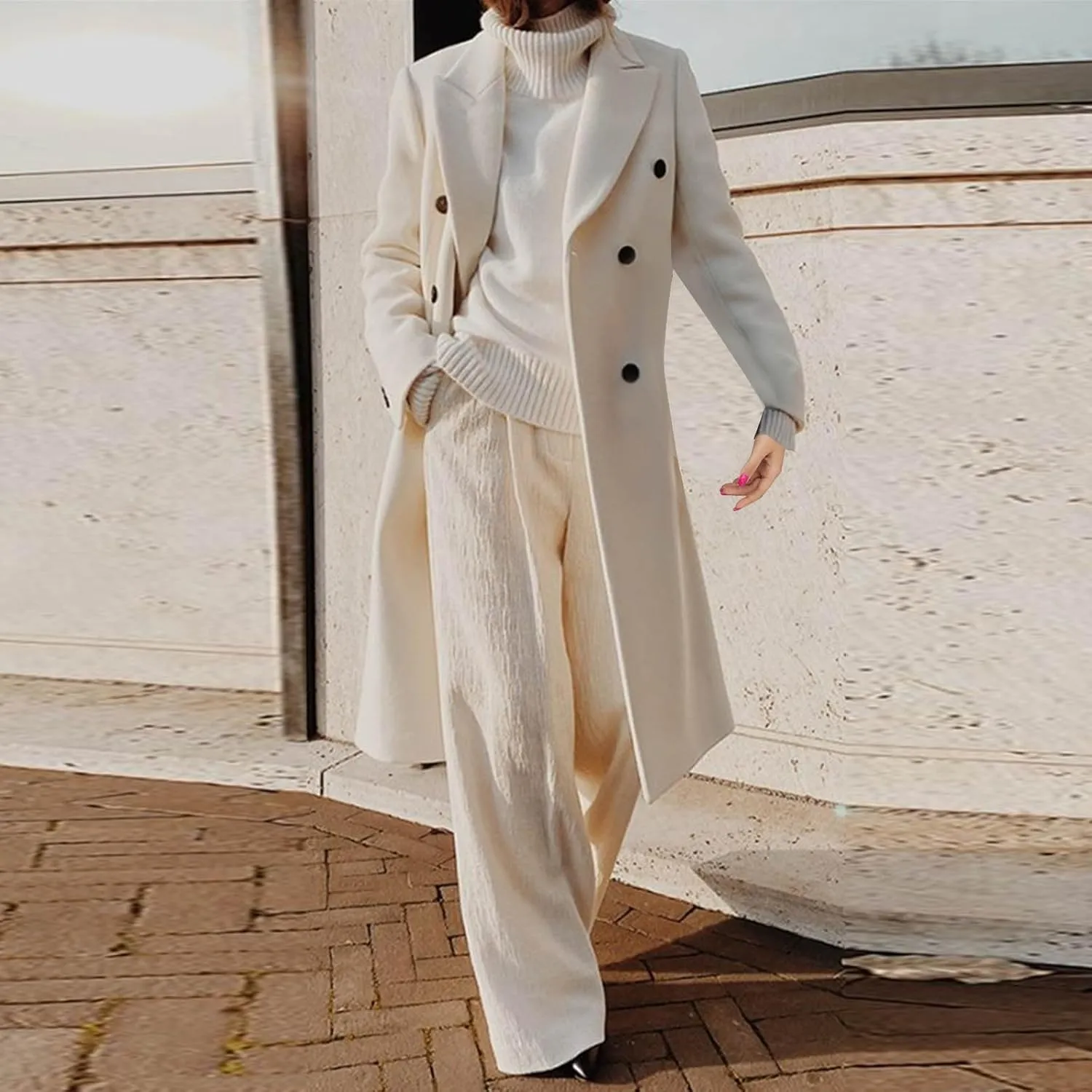 Womens Single Breasted Pea Coats Elegant Notched Lapel Collar Work Office Jacket Winter Wool Blend Trench Coat
