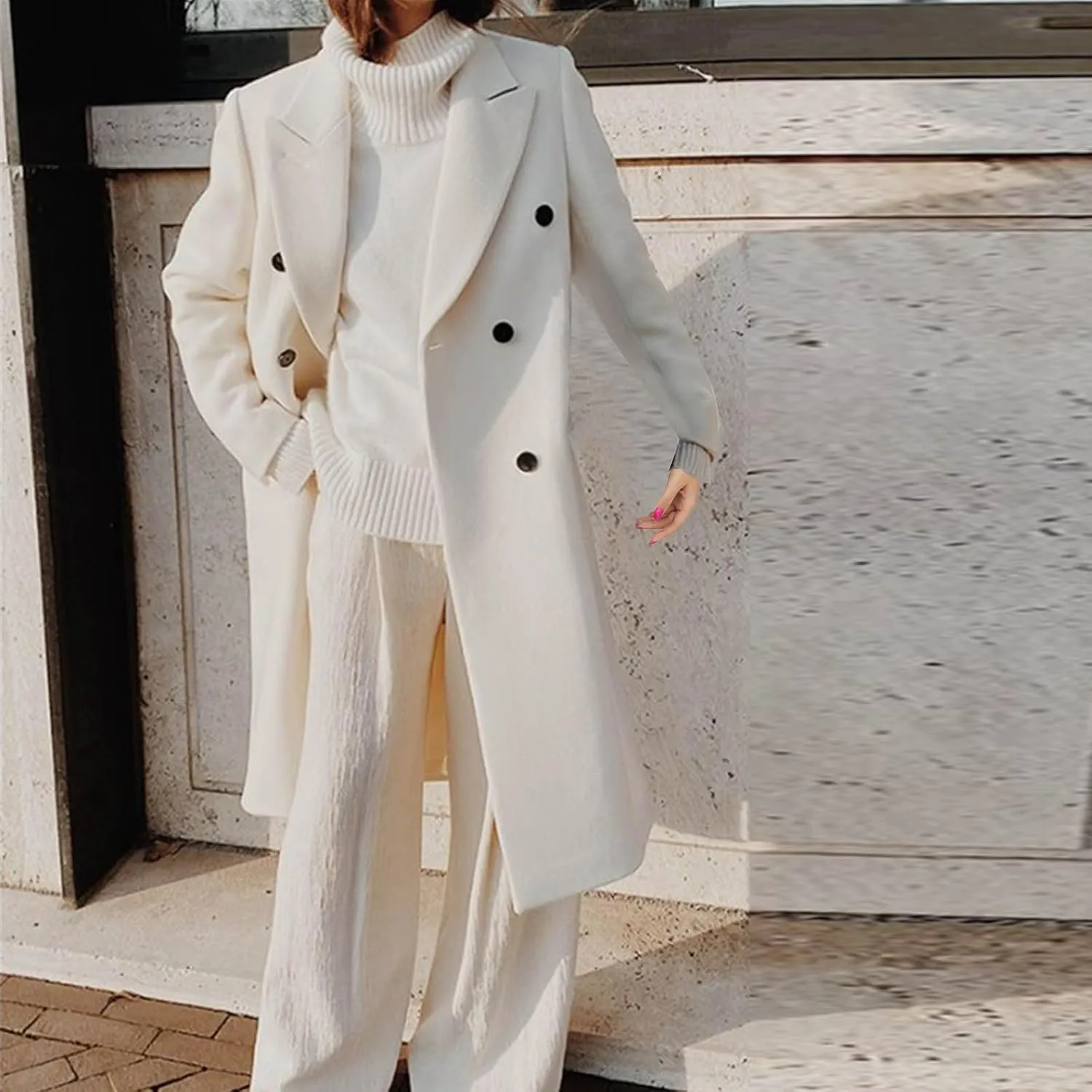 Womens Single Breasted Pea Coats Elegant Notched Lapel Collar Work Office Jacket Winter Wool Blend Trench Coat