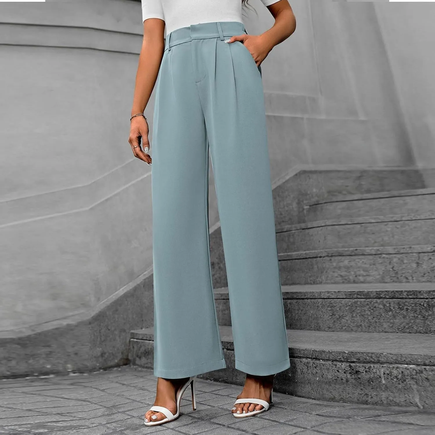 Women's Slim Fit Straight Commuter High Waist Pants Casual Button Down Loose Business Work Office Trousers with Pockets
