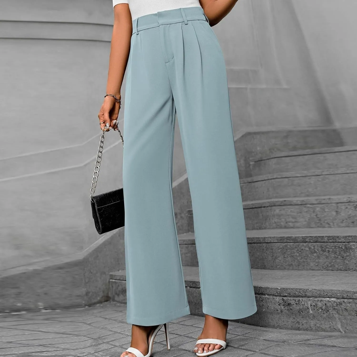 Women's Slim Fit Straight Commuter High Waist Pants Casual Button Down Loose Business Work Office Trousers with Pockets