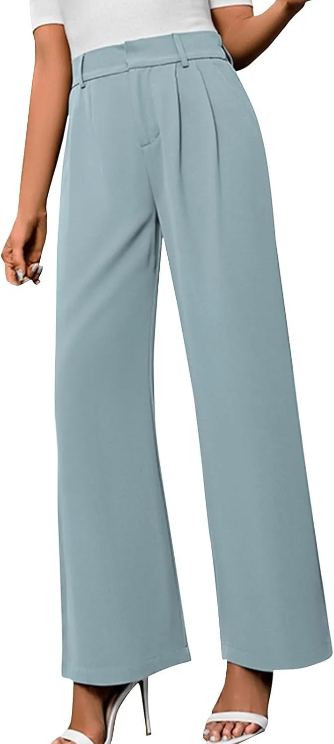 Women's Slim Fit Straight Commuter High Waist Pants Casual Button Down Loose Business Work Office Trousers with Pockets
