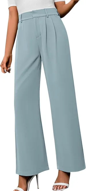 Women's Slim Fit Straight Commuter High Waist Pants Casual Button Down Loose Business Work Office Trousers with Pockets
