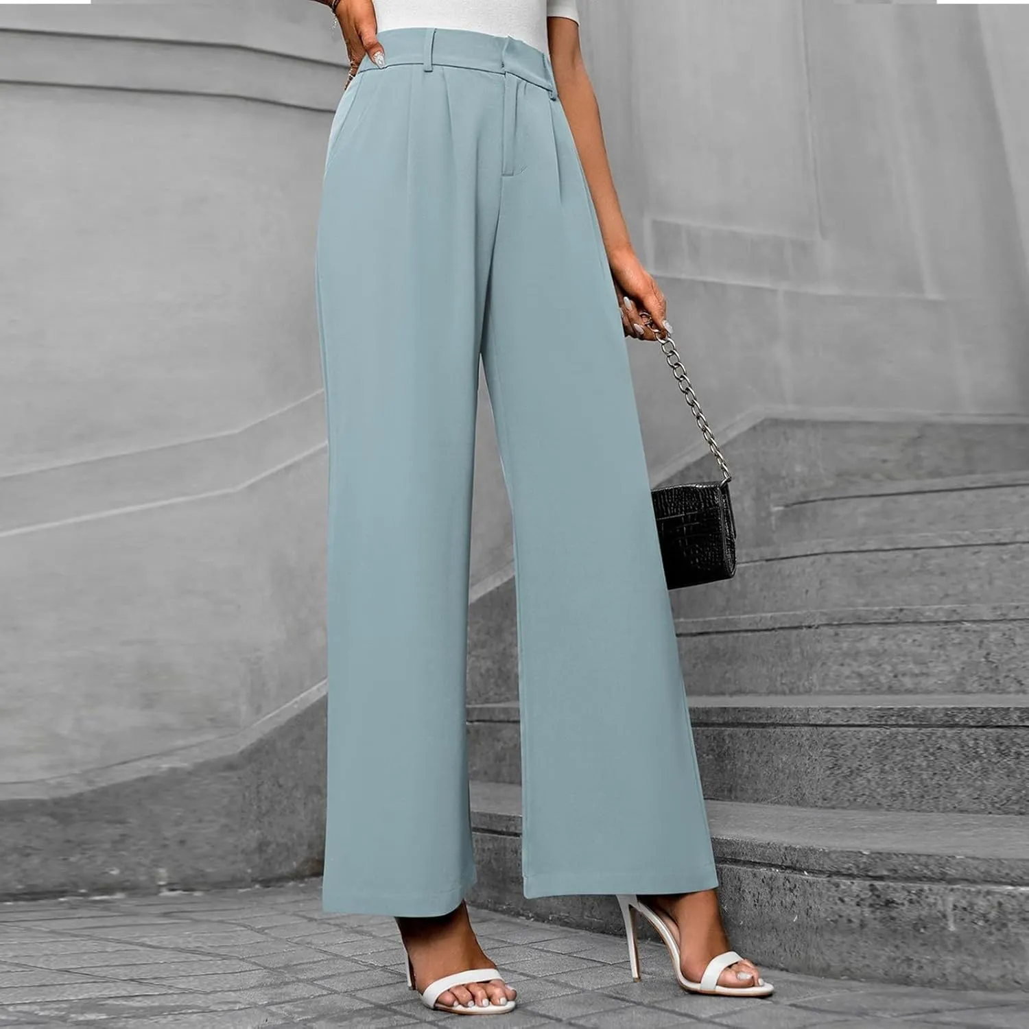 Women's Slim Fit Straight Commuter High Waist Pants Casual Button Down Loose Business Work Office Trousers with Pockets