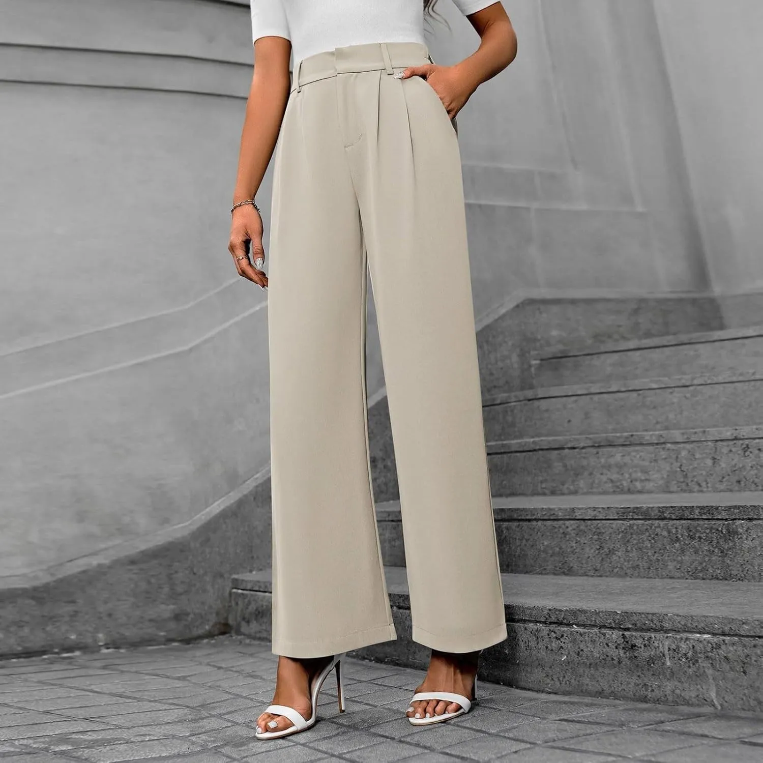 Women's Slim Fit Straight Commuter High Waist Pants Casual Button Down Loose Business Work Office Trousers with Pockets