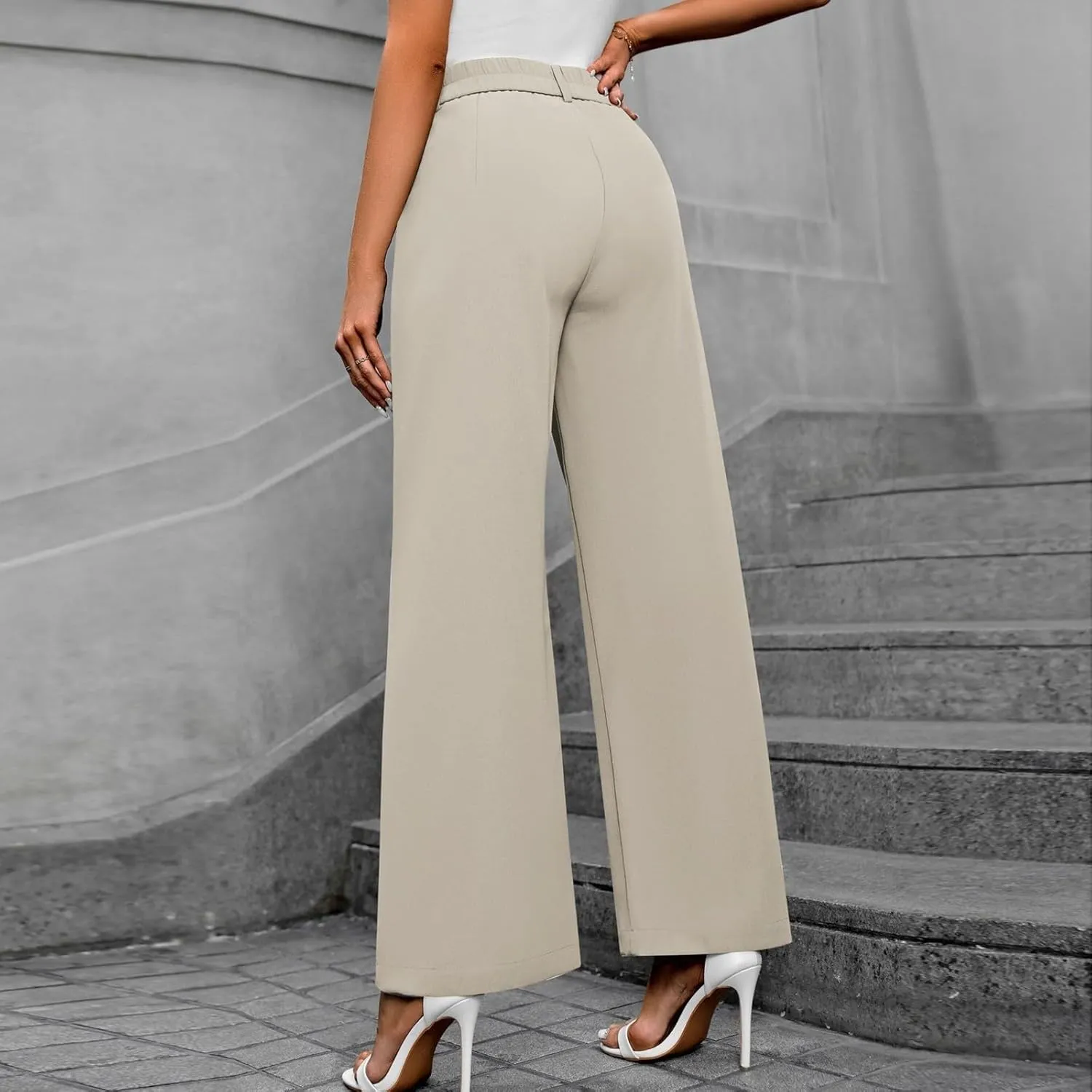 Women's Slim Fit Straight Commuter High Waist Pants Casual Button Down Loose Business Work Office Trousers with Pockets