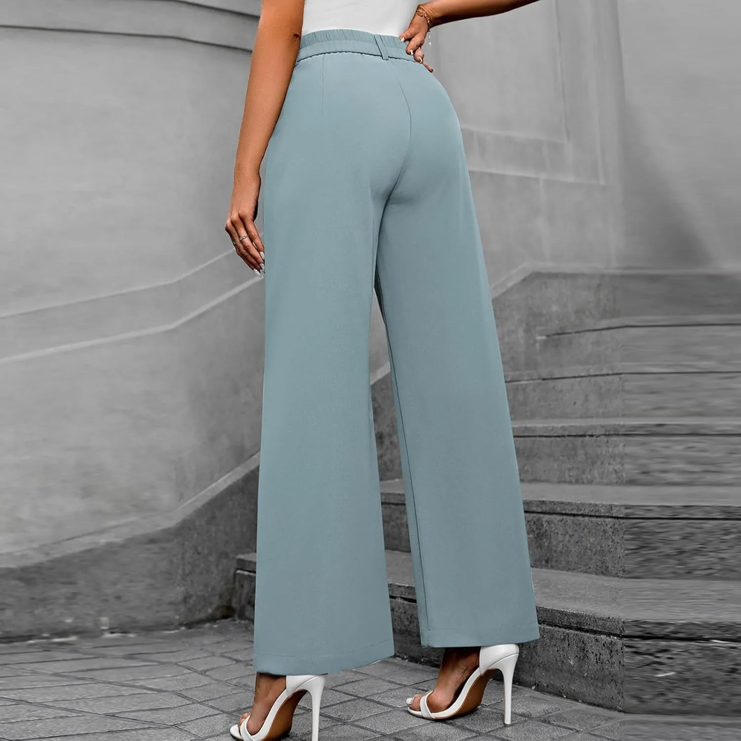 Women's Slim Fit Straight Commuter High Waist Pants Casual Button Down Loose Business Work Office Trousers with Pockets