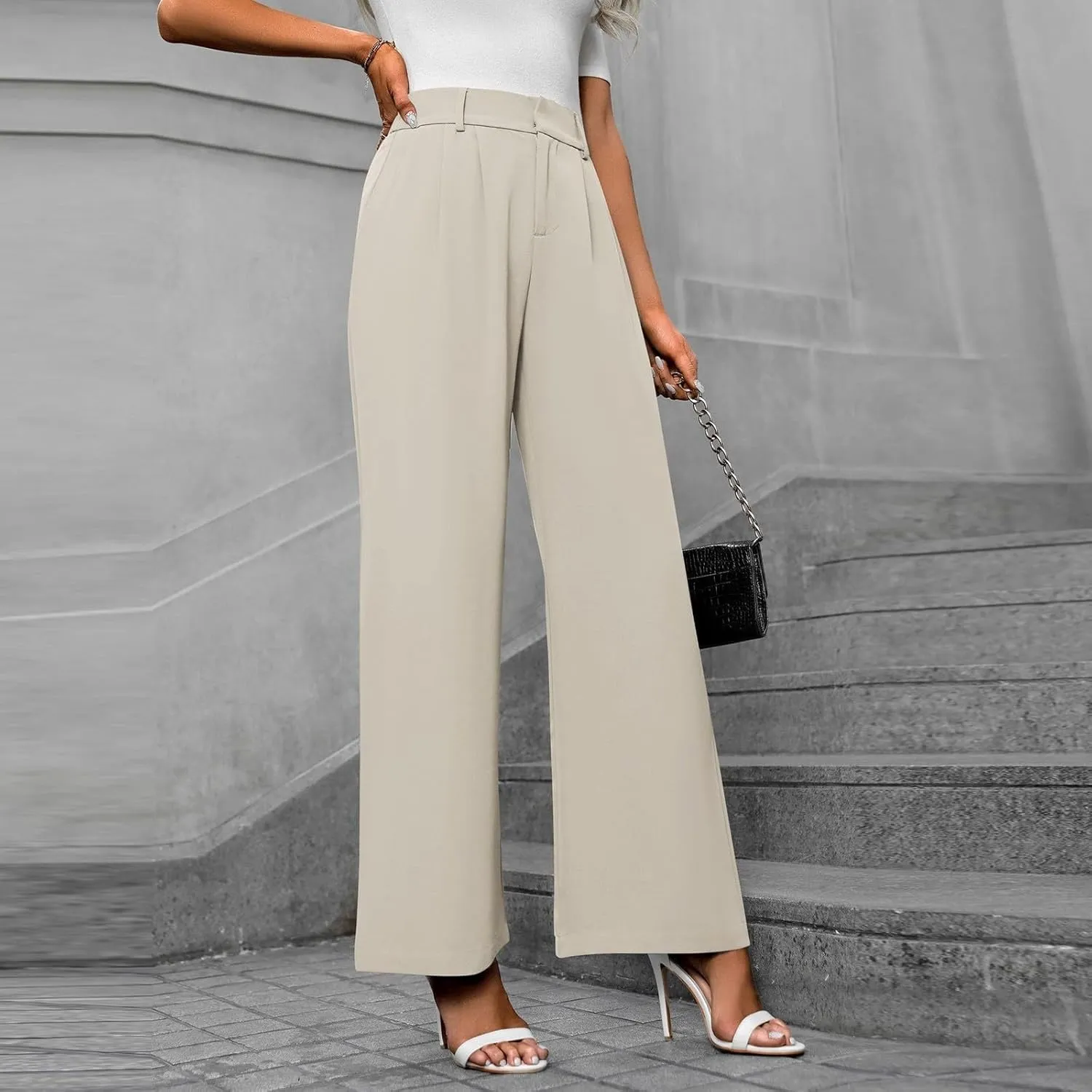Women's Slim Fit Straight Commuter High Waist Pants Casual Button Down Loose Business Work Office Trousers with Pockets