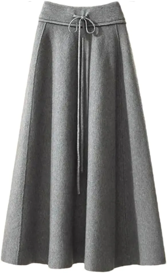 Women's Solid Color Knitted Skirt Stretch High Waist Lace-Up Pleated A-Line Midi Skirts