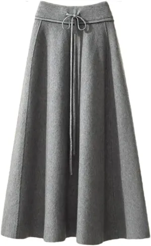 Women's Solid Color Knitted Skirt Stretch High Waist Lace-Up Pleated A-Line Midi Skirts
