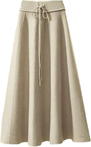 Women's Solid Color Knitted Skirt Stretch High Waist Lace-Up Pleated A-Line Midi Skirts
