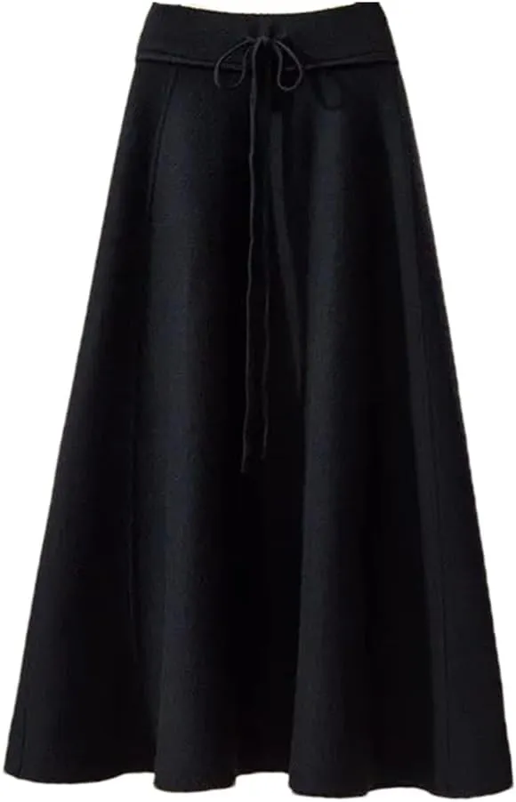 Women's Solid Color Knitted Skirt Stretch High Waist Lace-Up Pleated A-Line Midi Skirts