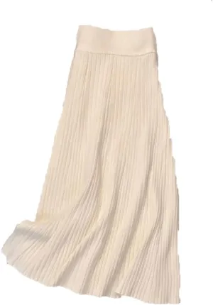 Women's Solid Color Pleated Knit Skirt Stretch High Waist A-Line Office Midi Skirts