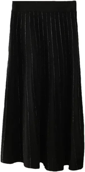 Women's Stretch High Waist Wool Pleated Skirt Knitted Soft Solid Color A-Line Midi Skirts